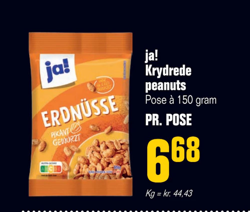 Tilbud på ja! Krydrede peanuts fra Poetzsch Padborg til 6,68 kr.