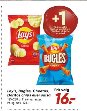 Lay's, Bugles, Cheetos, Doritos chips eller salsa