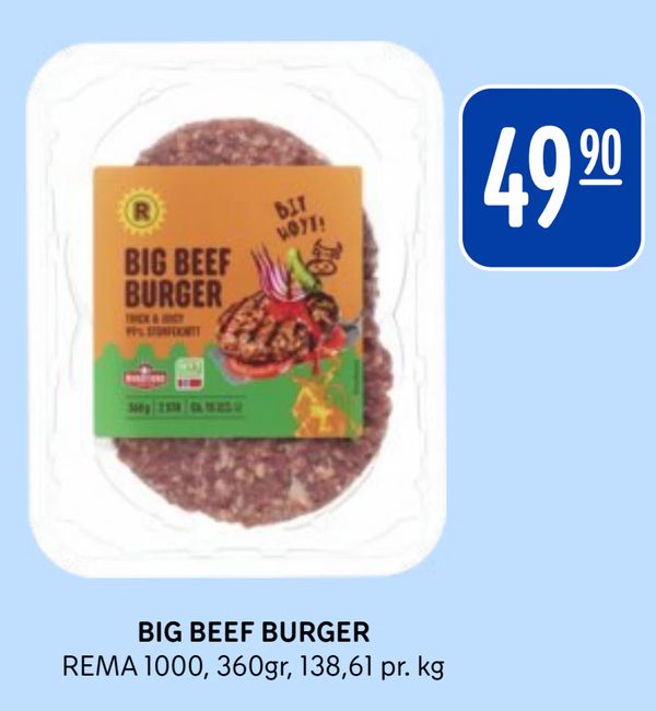 BIG BEEF BURGER REMA 1000, 360gr, 138,61 pr. kg
