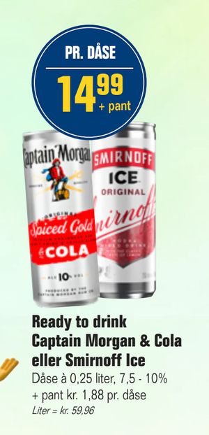 Ready to drink Captain Morgan & Cola eller Smirnoff Ice