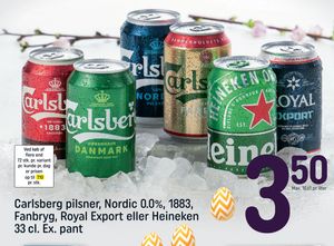 Carlsberg pilsner, Nordic 0.0%, 1883, Fanbryg, Royal Export eller Heineken 33 cl