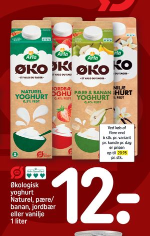 Økologisk yoghurt Naturel, pære/ banan, jordbær eller vanilje 1 liter