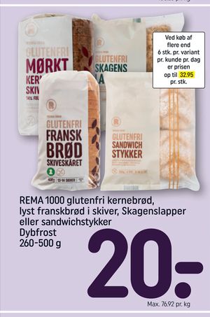 REMA 1000 glutenfri kernebrød, lyst franskbrød i skiver, Skagenslapper eller sandwichstykker Dybfrost 260-500 g
