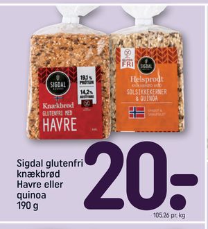 Sigdal glutenfri knækbrød Havre eller quinoa 190 g