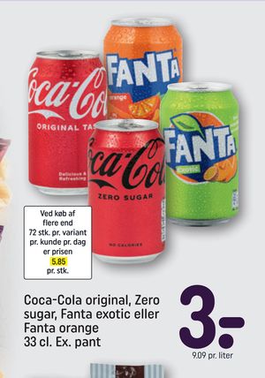 Coca-Cola original, Zero sugar, Fanta exotic eller Fanta orange 33 cl. Ex. pant