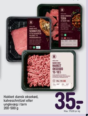 Hakket dansk oksekød, kalveschnitzel eller ungkvæg i tern 200-500 g