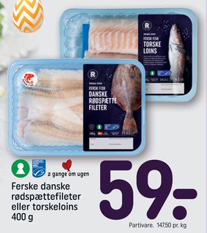 Ferske danske rødspættefileter eller torskeloins 400 g