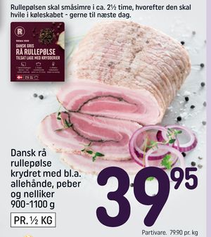 Dansk rå rullepølse krydret med bl.a. allehånde, peber og nelliker 900-1100 g
