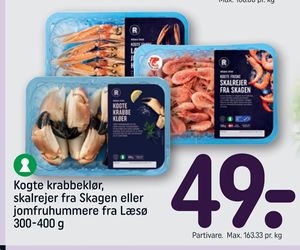 Kogte krabbeklør, skalrejer fra Skagen eller jomfruhummere fra Læsø 300-400 g