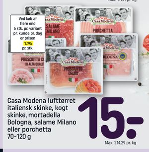 Casa Modena lufttørret italiensk skinke, kogt skinke, mortadella Bologna, salame Milano eller porchetta 70-120 g