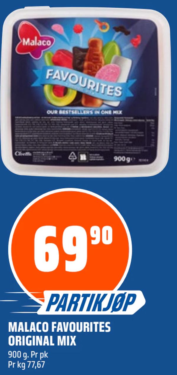 MALACO FAVOURITES ORIGINAL MIX 900 g. Pr pk Pr kg 77,67 69,90 PARTIKJØP
