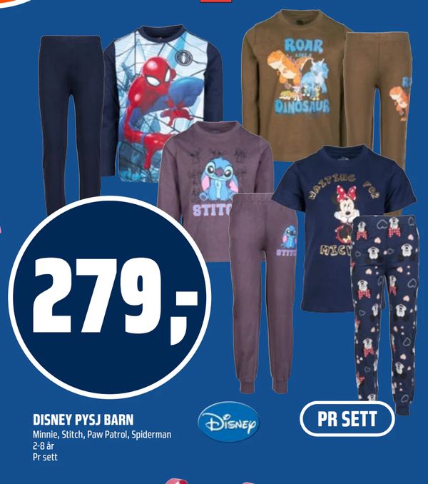 DISNEY PYSJ BARN Minnie, Stitch, Paw Patrol, Spiderman 2-8 år Pr sett
PR SETT