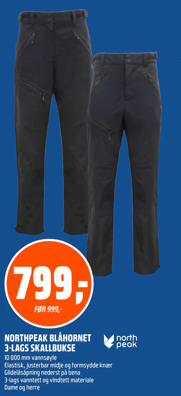 NORTHPEAK BLÅHORNET 3-LAGS SKALLBUKSE FØR 999,-
10 000 mm vannsøyle
Elastisk, justerbar midje og formsydde knær
Glidelåsåpning nederst på bena
3-lags vanntett og vindtett materiale
Dame og herre