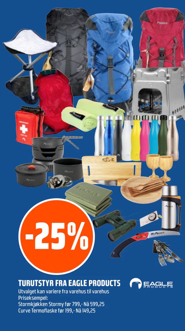 TURUTSTYR FRA EAGLE PRODUCTS Utvalget kan variere fra varehus til varehus
Priseksempel:
Stormkjøkken Stormy før 799,- Nå 599,25
Curve Termoflaske før 199,- Nå 149,25
