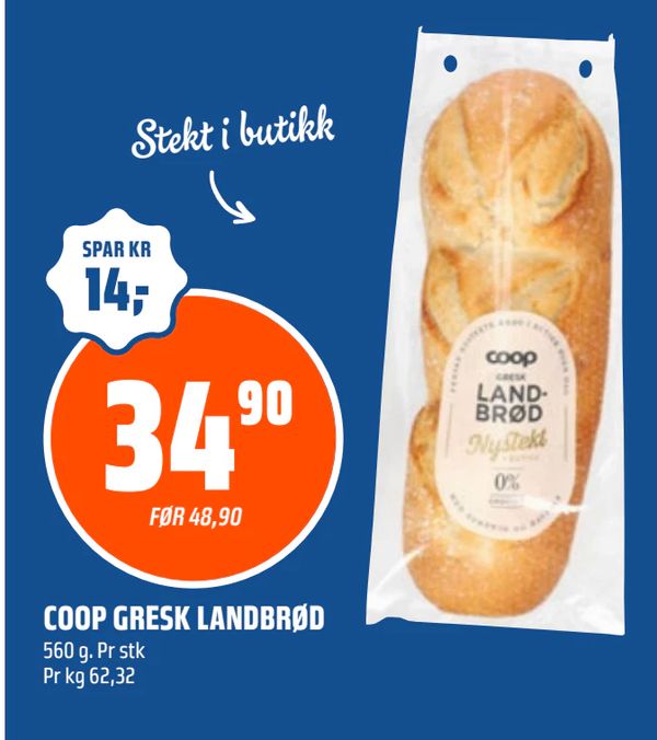 COOP GRESK LANDBRØD Stekt i butikk
560 g. Pr stk Pr kg 62,32