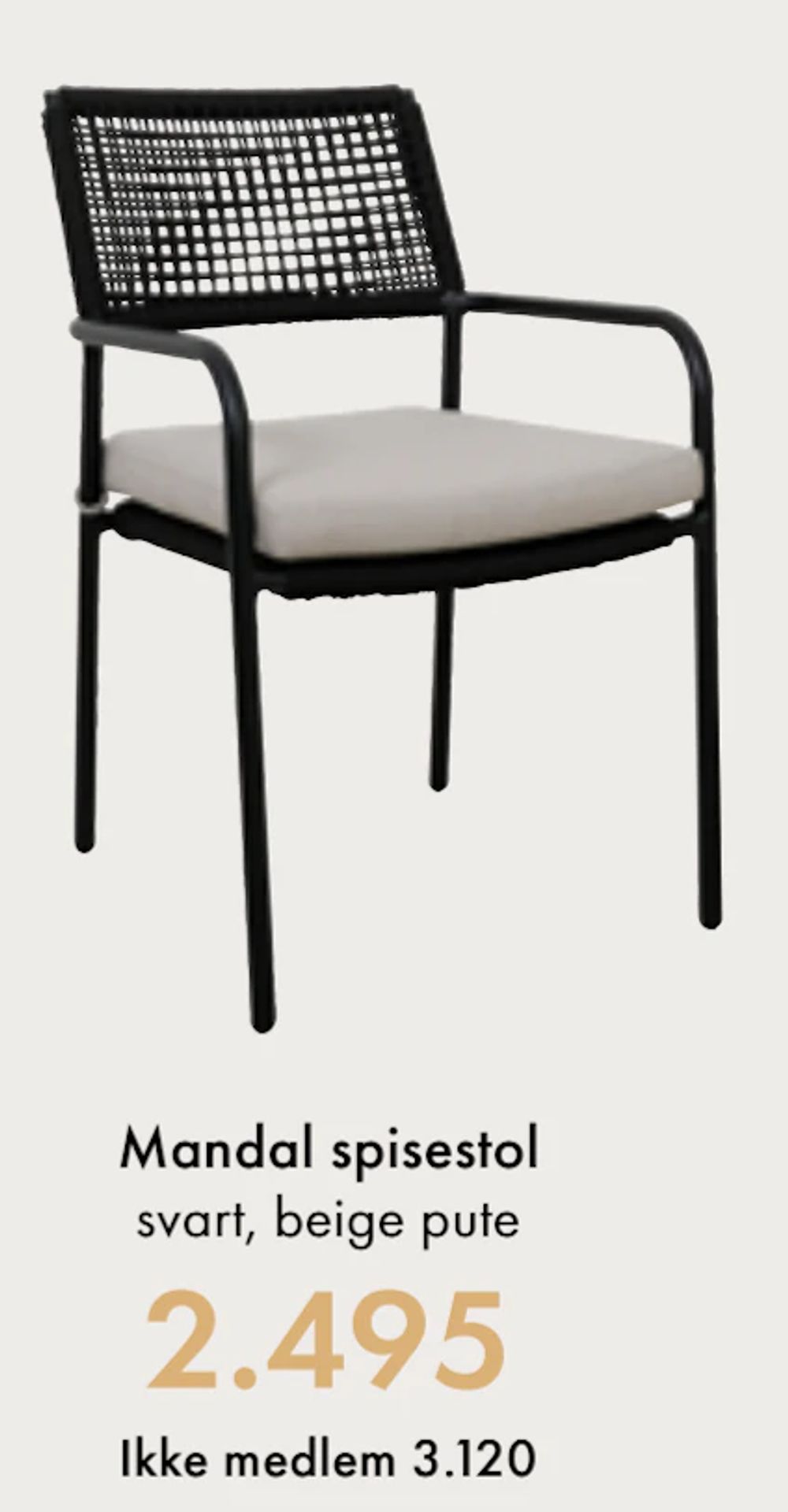 Tilbud på Mandal spisestol svart, beige pute fra Fagmøbler til 3 120 kr