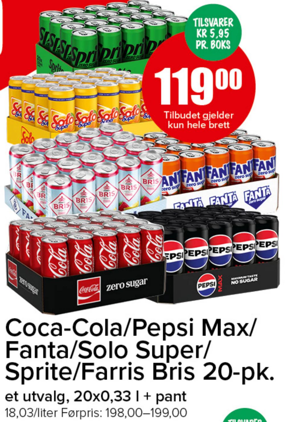 Coca-Cola/Pepsi Max/ Fanta/Solo Super/ Sprite/Farris Bris 20-pk