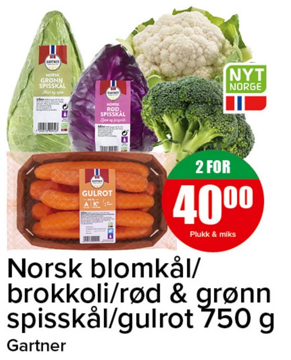 Norsk blomkål/ brokkoli/rød & grønn spisskål/gulrot 750 g Gartner
Plukk & miks