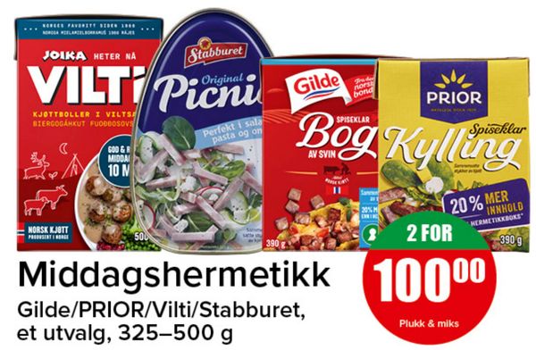 Middagshermetikk Gilde/PRIOR/Vilti/Stabburet, et utvalg, 325–500 g 2 FOR Plukk & miks