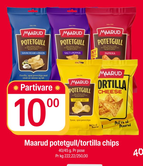 Maarud potetgull/tortilla chips 40/45 g. Pr pose Pr kg 222,22/250,00 Partivare 40/45 g!