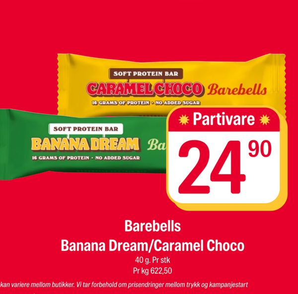 Barebells Banana Dream/Caramel Choco 40 g. Pr stk Pr kg 622,50 Partivare
