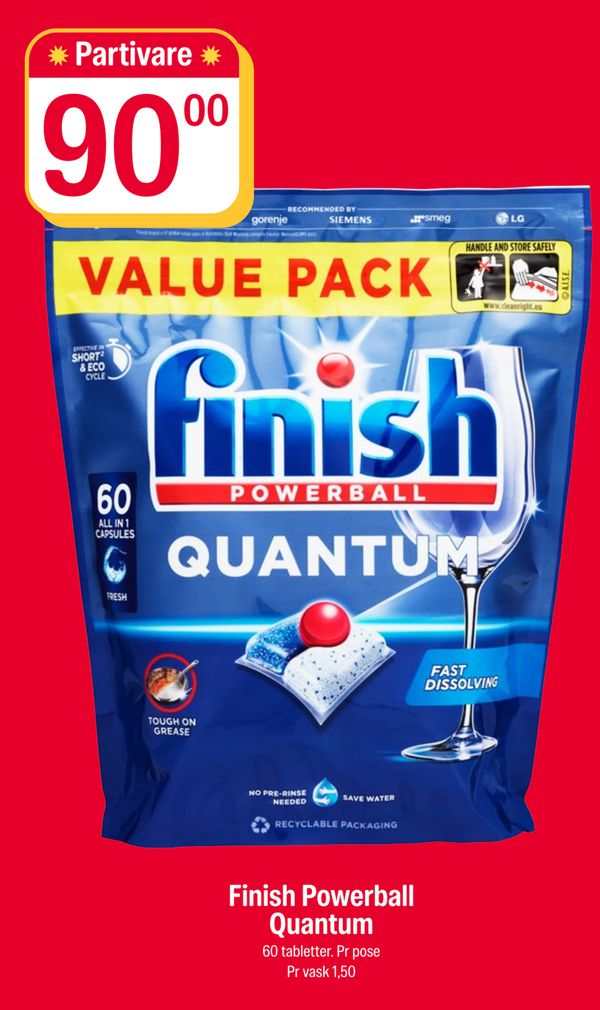 Finish Powerball Quantum 60 tabletter. Pr pose Pr vask 1,50
Partivare