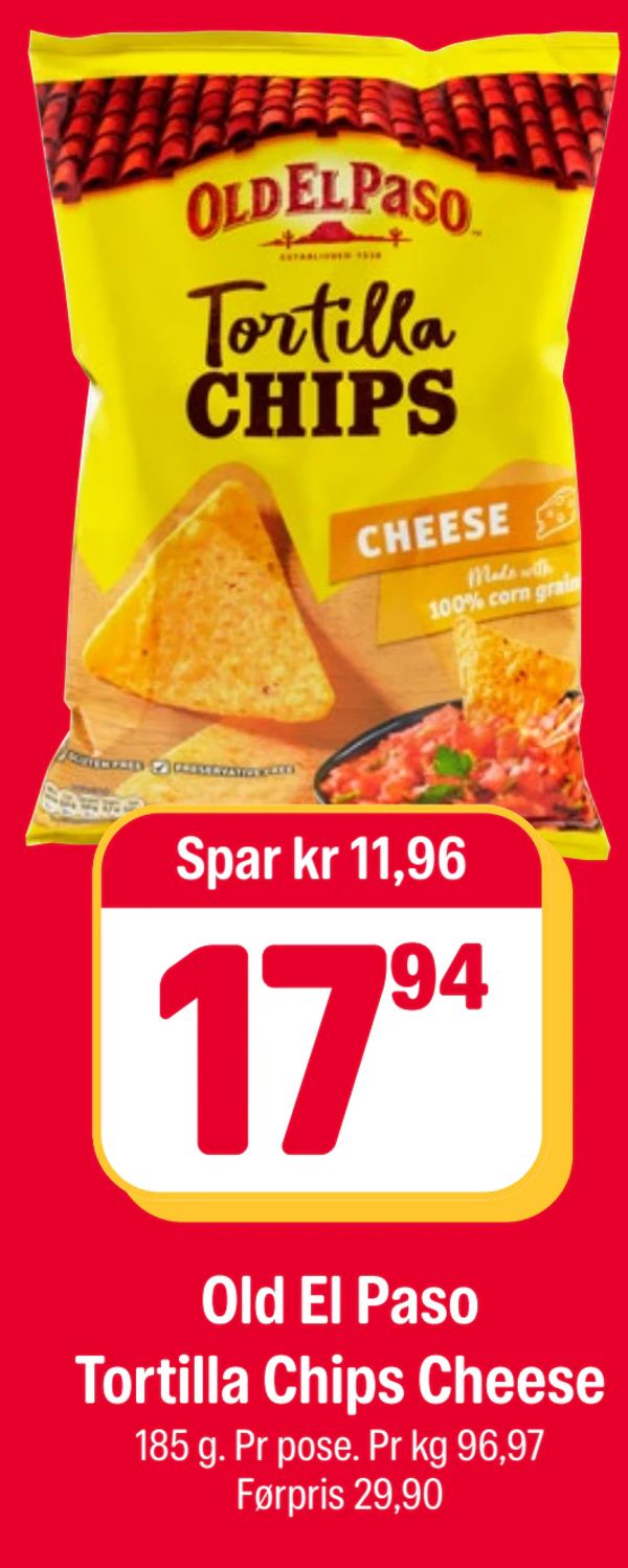 Old El Paso Tortilla Chips Cheese 185 g. Pr pose. Pr kg 96,97 Førpris 29,90
Spar kr 11,96