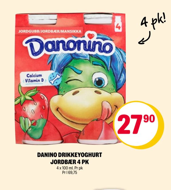 DANINO DRIKKEYOGHURT JORDBÆR 4 PK 4 pk!
4 x 100 ml. Pr pk
Pr l 69,75