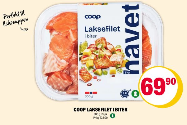COOP LAKSEFILET I BITER 300 g. Pr pk Pr kg 233,00 Perfekt til fiskesuppen