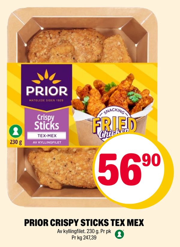 PRIOR CRISPY STICKS TEX MEX Av kyllingfilet. 230 g. Pr pk Pr kg 247,39