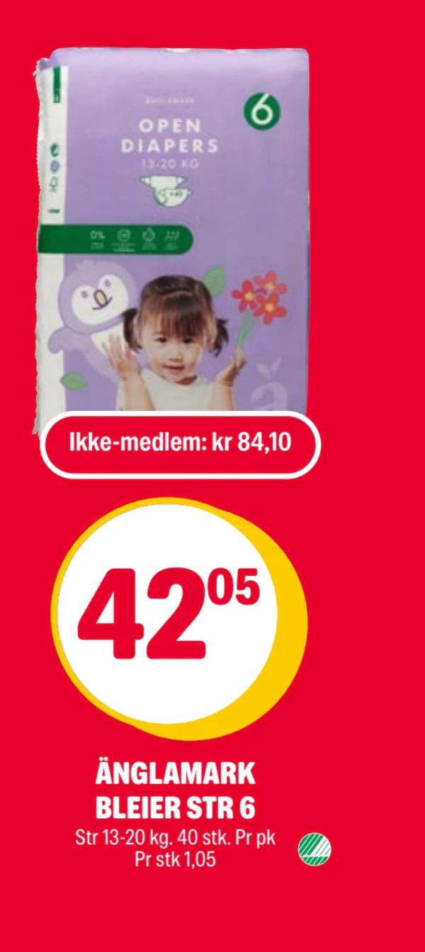 ÄNGLAMARK BLEIER STR 6 Ikke-medlem: kr 84,10
Str 13-20 kg. 40 stk. Pr pk
Pr stk 1,05