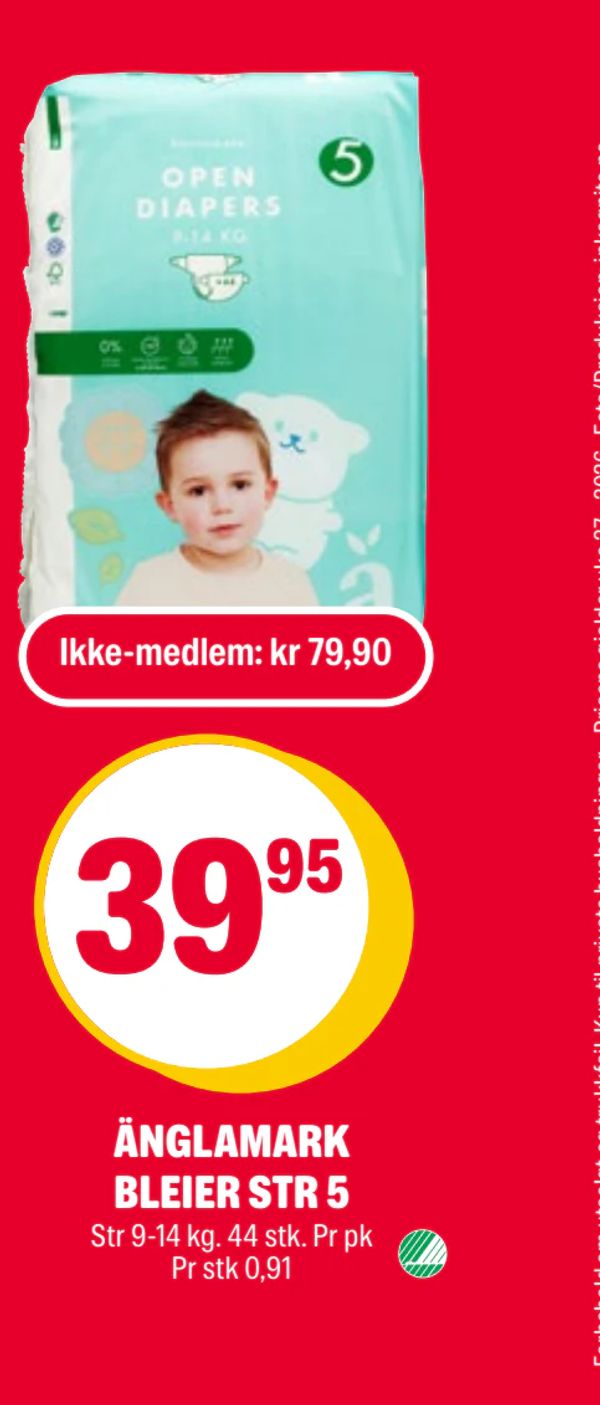 ÄNGLAMARK BLEIER STR 5 Ikke-medlem: kr 79,90
Str 9-14 kg. 44 stk. Pr pk
Pr stk 0,91