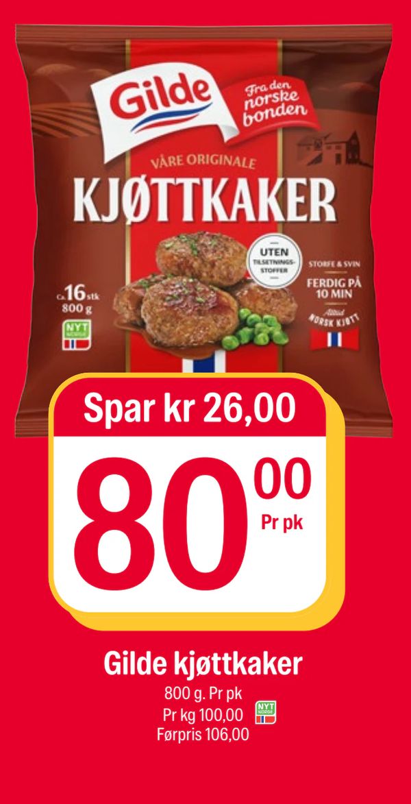 Gilde kjøttkaker Spar kr 26,00 Pr pk 800 g. Pr pk Pr kg 100,00 Førpris 106,00