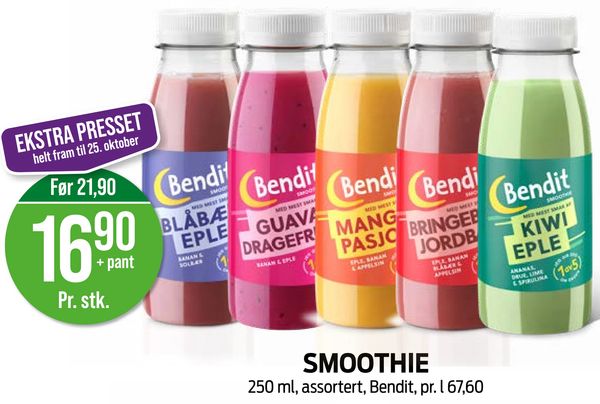 SMOOTHIE 250 ml, assortert, Bendit, pr. l 67,60
EKSTRA PRESSET helt fram til 25. oktober
Før 21,90
+ pant
