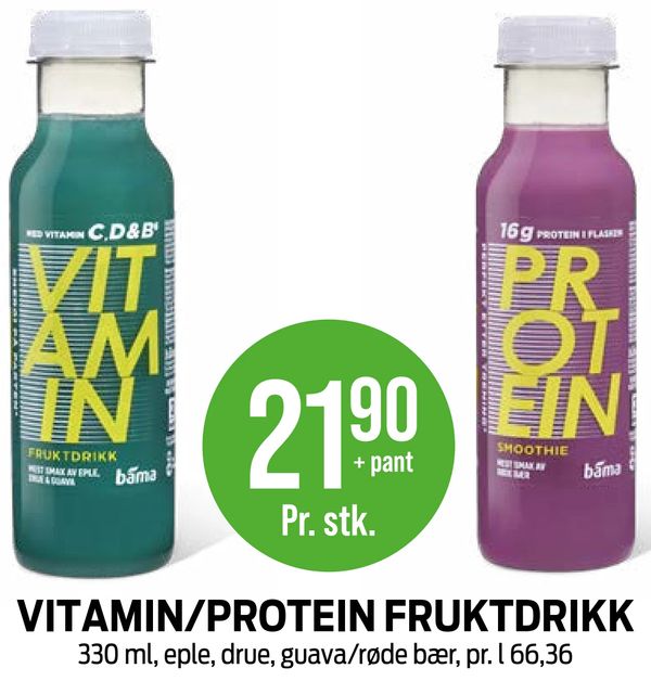 VITAMIN/PROTEIN FRUKTDRIKK 330 ml, eple, drue, guava/røde bær, pr. l 66,36
+ pant