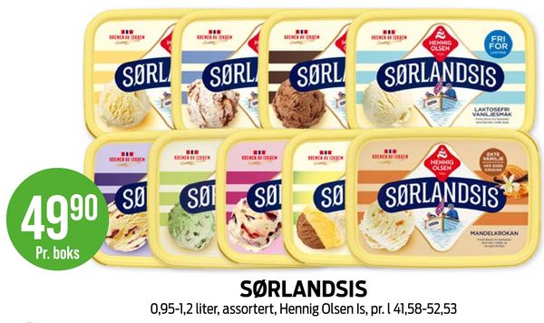 SØRLANDSIS 0,95-1,2 liter, assortert, Hennig Olsen Is, pr. l 41,58-52,53
Pr. boks