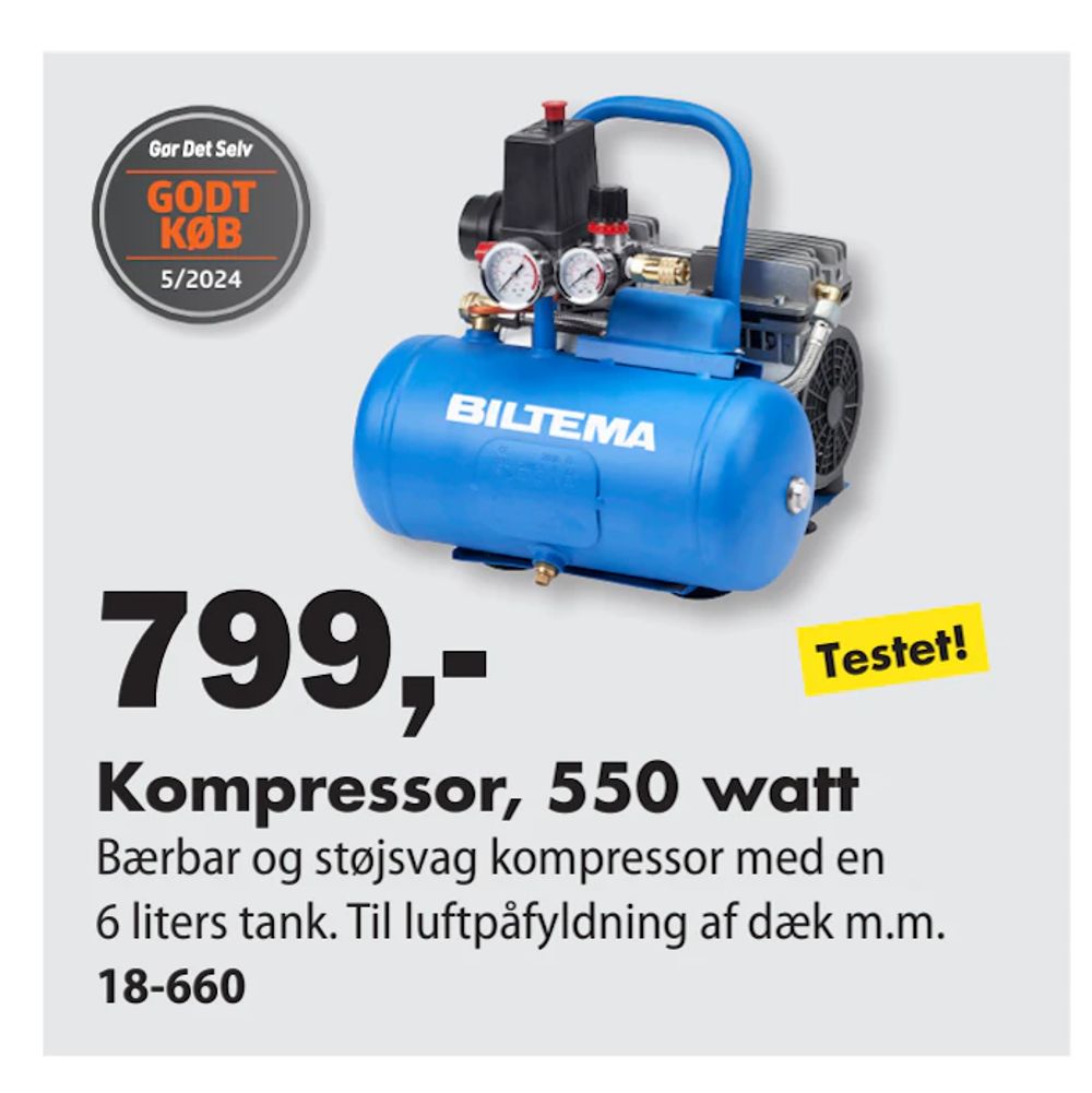 Tilbud på Kompressor, 550 watt fra Biltema til 799 kr.
