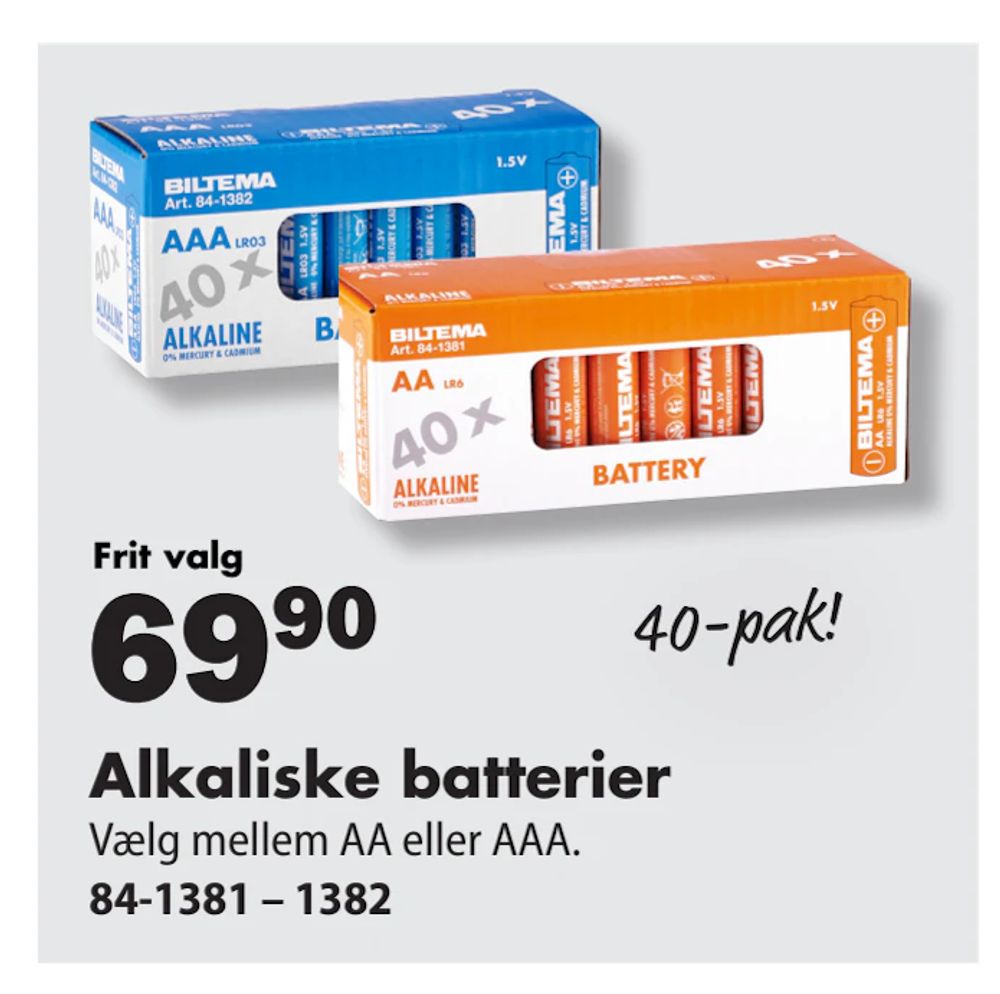 Tilbud på Alkaliske batterier fra Biltema til 69,90 kr.