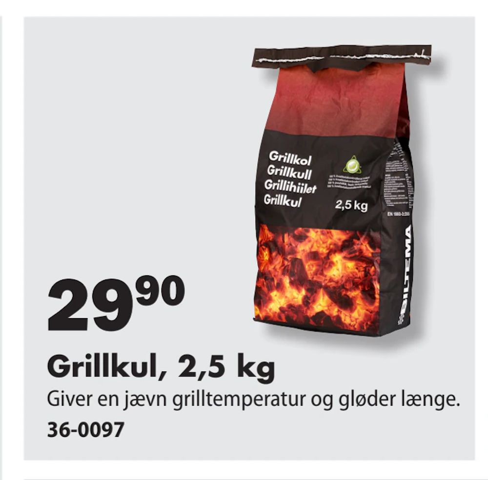 Tilbud på Grillkul, 2,5 kg fra Biltema til 29,90 kr.
