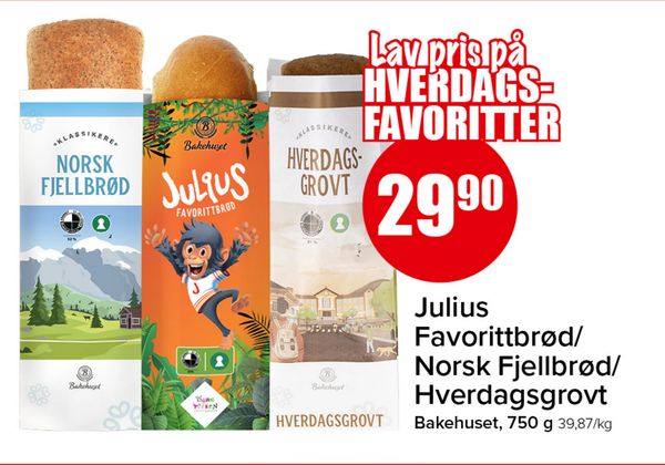 Julius Favorittbrød/ Norsk Fjellbrød/ Hverdagsgrovt Lavpris på HVERDAGSFAVORITTER
Bakehuset, 750 g 39,87/kg