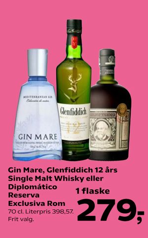 Gin Mare, Glenfiddich 12 års Single Malt Whisky eller Diplomático Reserva Exclusiva Rom