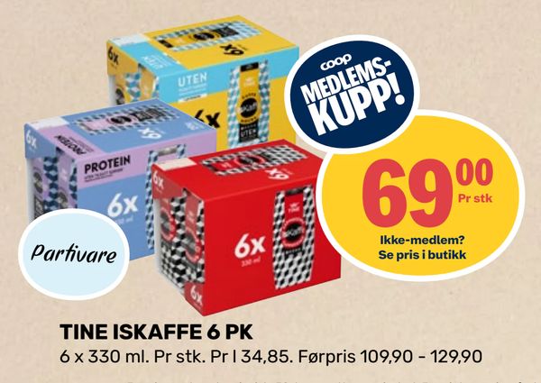 TINE ISKAFFE 6 PK Partivare
6 x 330 ml. Pr stk. Pr l 34,85. Førpris 109,90 - 129,90
Medlems-kupp!
69,00
Ikke-medlem? Se pris i butikk