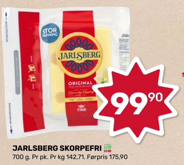 JARLSBERG SKORPEFRI 700 g. Pr pk. Pr kg 142,71. Førpris 175,90