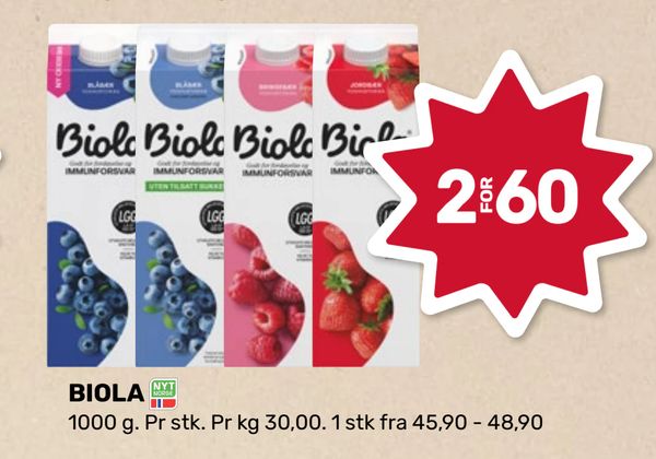 BIOLA 1000 g. Pr stk. Pr kg 30,00. 1 stk fra 45,90 - 48,90