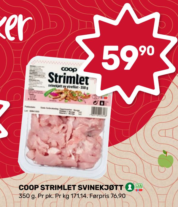 COOP STRIMLET SVINEKJØTT 350 g. Pr pk. Pr kg 171,14. Førpris 76,90