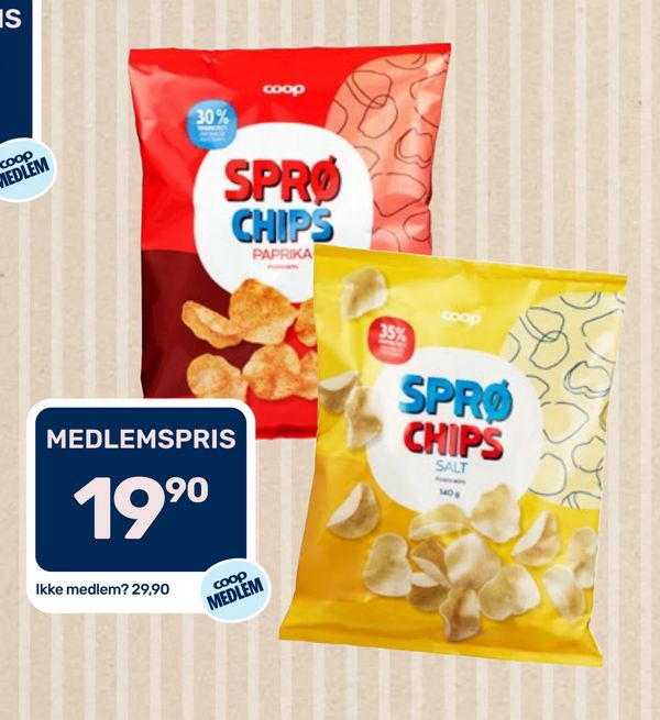 SPRØ CHIPS PAPRIKA SALT MEDLEMSPRIS 19,90 Ikke medlem? 29,90