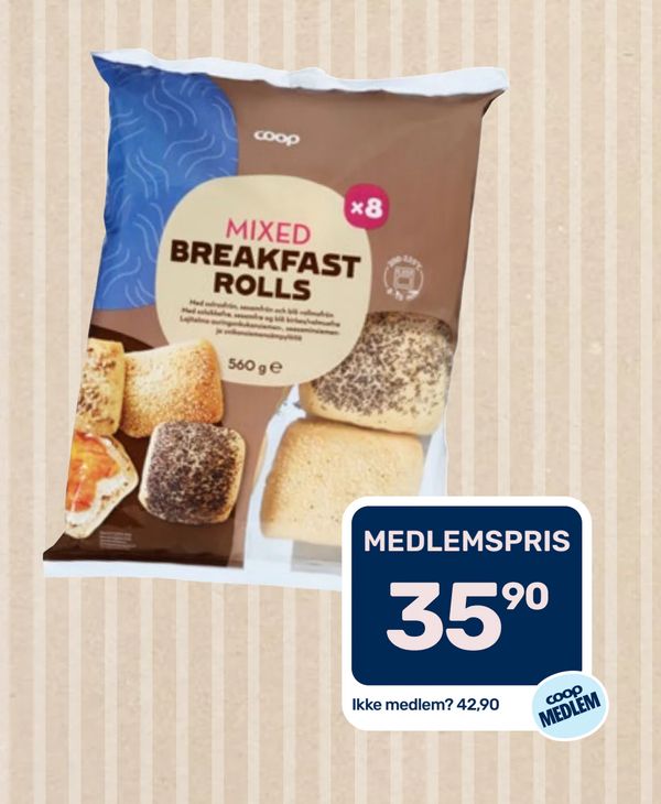 MIXED BREAKFAST ROLLS 560 g MEDLEMSPRIS 35,90 Ikke medlem? 42,90