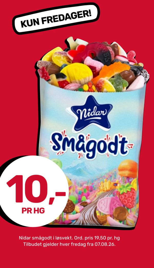 Nidar Smågodt KUN FREDAGER! 10,- PR HG Nidar smågodt i løsvekt. Ord. pris 19,50 pr. hg Tilbudet gjelder hver fredag fra 07.08.26.