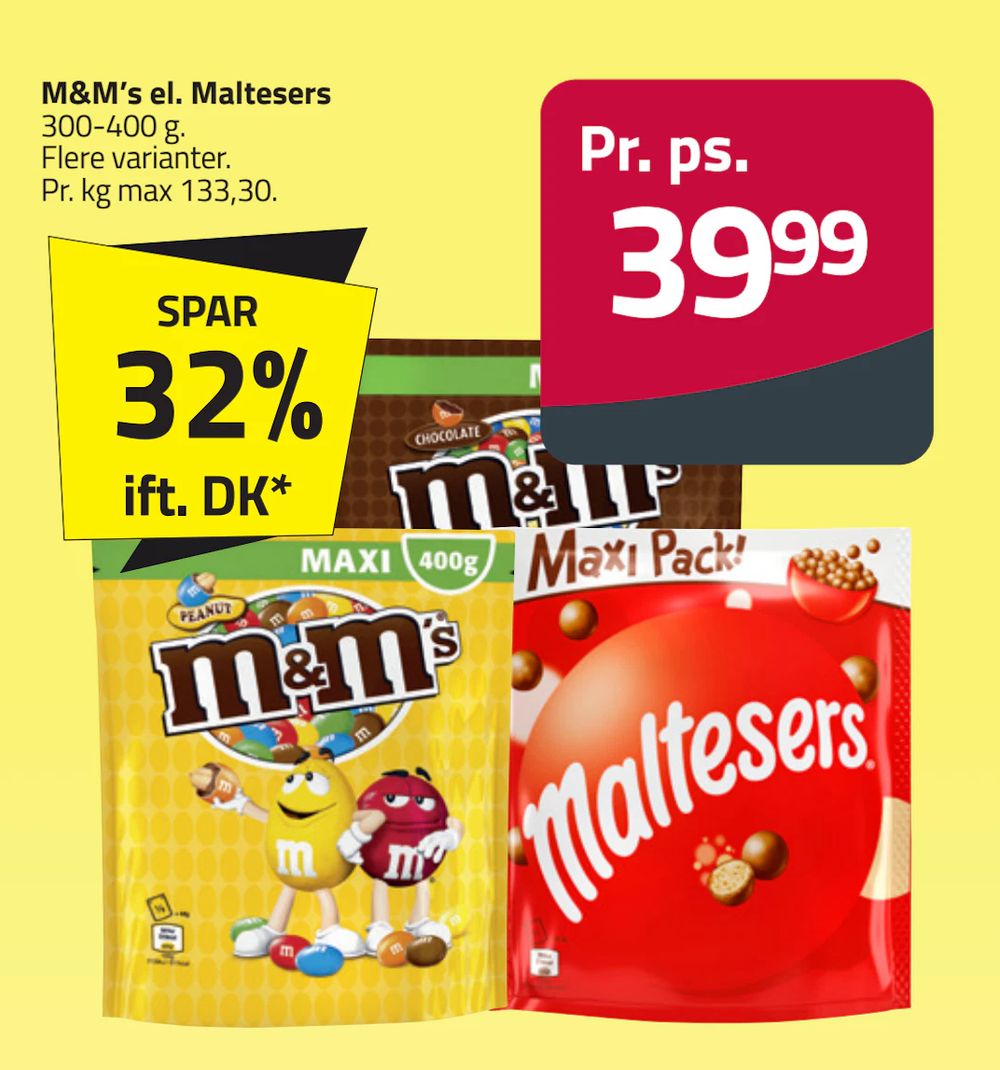 Tilbud på M&M’s el. Maltesers fra Fleggaard til 39,99 kr.