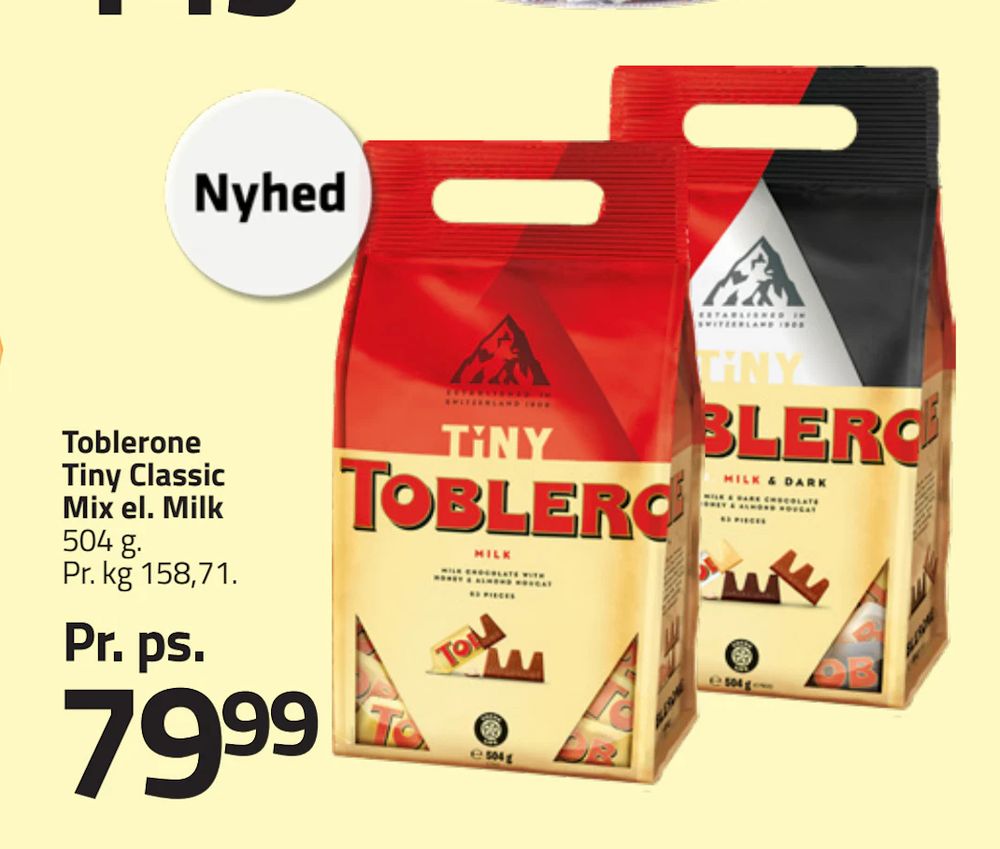 Tilbud på Toblerone Tiny Classic Mix el. Milk fra Fleggaard til 79,99 kr.